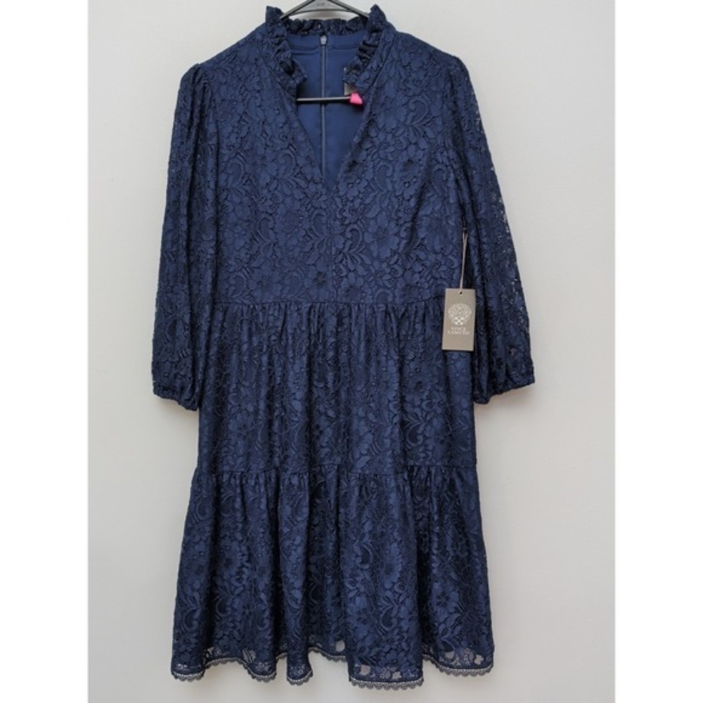 DR2 NWT Vince Camuto Navy Lace Tiered Dress Sz 6 Long Sleeves Ruffled Collar